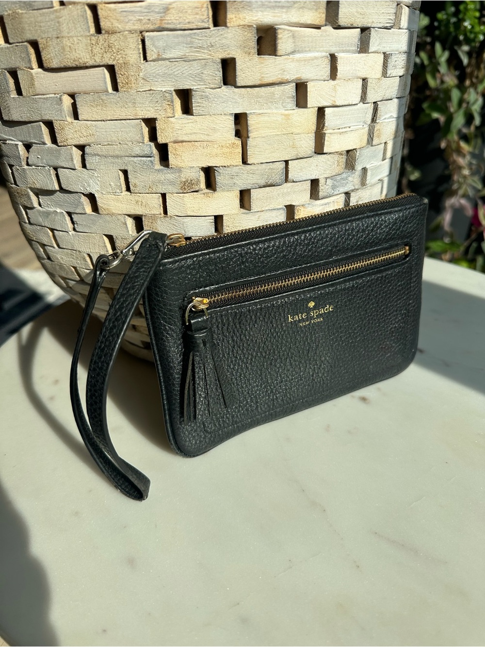 Kate Spade Black Pebbled Leather Wristlet With Tassel